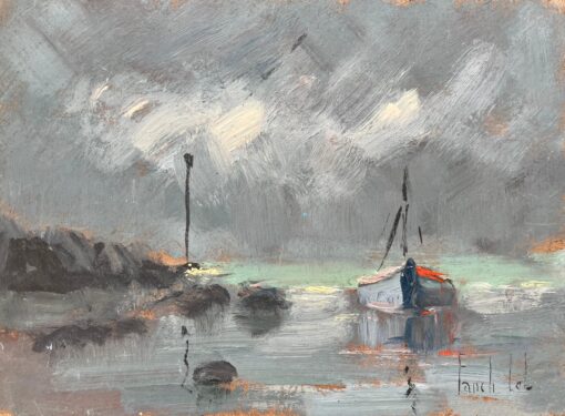 French Impressionist Oil Painting of Coastal Scene with Boat at Anchor