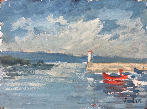French Impressionist Oil Painting of Coastal Scene with Pier and Red Boat