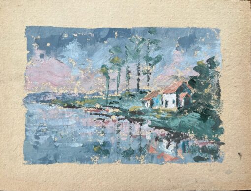 French Impressionist Oil Painting of Landscape of Riverside Cottages at Dusk