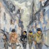 French Impressionist Oil Painting of Figures Strolling Through a Village Lane