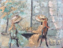 French Impressionist Oil Painting of Two Figures Seated on an Outdoor Terrace