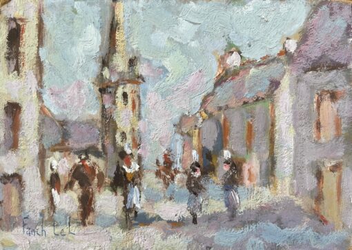 French Impressionist Oil Painting of Village Street Scene with Figures