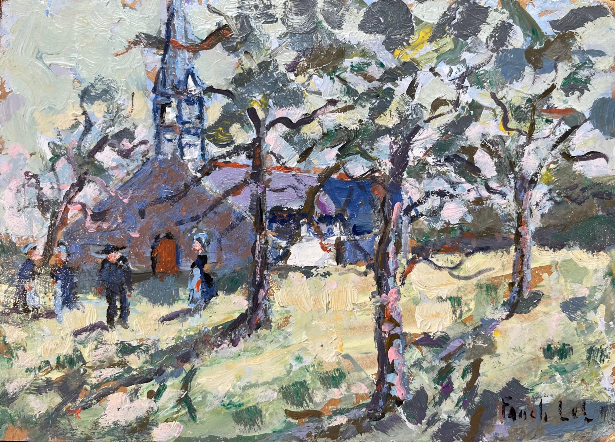 French Impressionist Oil Painting of Sunlit Breton Chapel with Figures