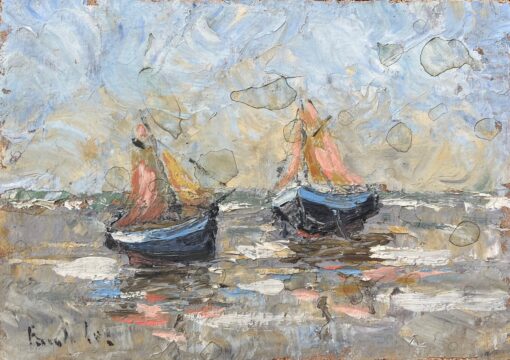 French Impressionist Oil Painting of Boats at Low Tide