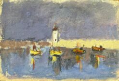 French Impressionist Oil Painting of Boats in a Harbor at Dusk