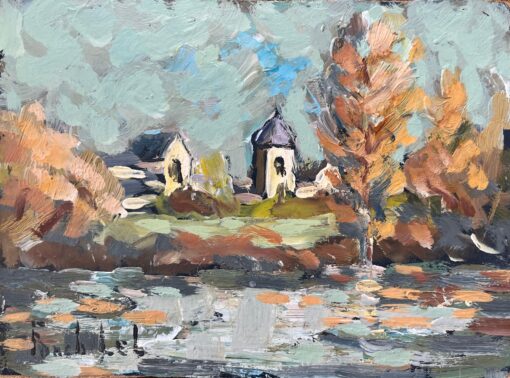 French Impressionist Oil Painting of Riverside Scene in Guînes, Northern France