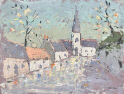 French Impressionist Oil Painting of Charming Village Scene with Spired Church