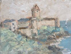 French Impressionist Oil Painting of Coastal Fortress on Clifftop