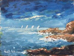 French Impressionist Oil Painting of a Coastal Scene with Sailboats