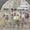 French Impressionist Oil Painting of a Bustling Flower Market with Figures
