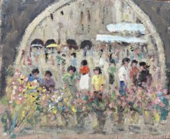 French Impressionist Oil Painting of a Bustling Flower Market with Figures