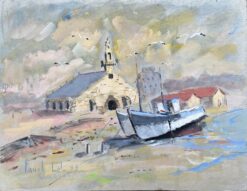 French Impressionist Oil Painting of a Chapel and Fishing Boat in Camaret