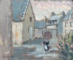 French Impressionist Oil Painting of Village Street in Brehat with Figure