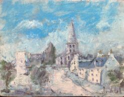 French Impressionist Oil Painting of Sunlit Village with Church Spire