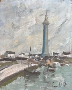 French Impressionist Oil Painting of Coastal Monument under Overcast Skies