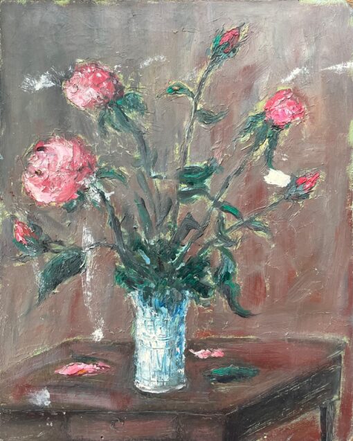 French Impressionist Oil Painting of Pink Roses in a Glass Vase