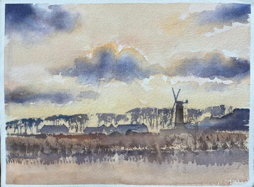 British Original Watercolor of a Windmill and Countryside Landscape at Sunset
