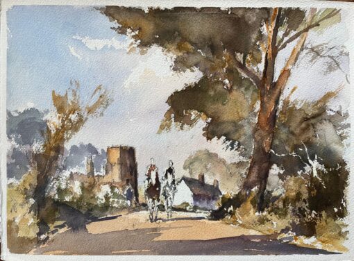 British Original Watercolor of Riders Approaching a Village Scene
