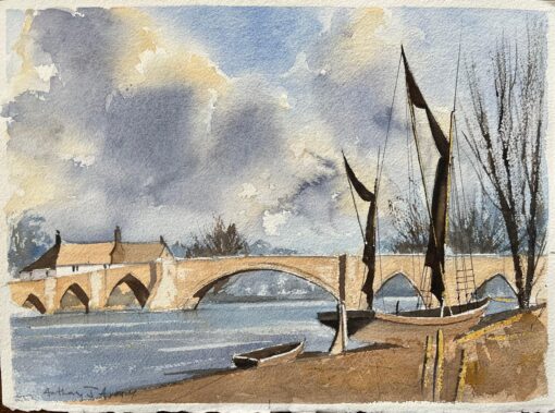 British Original Watercolor of Riverside Bridge with Boats
