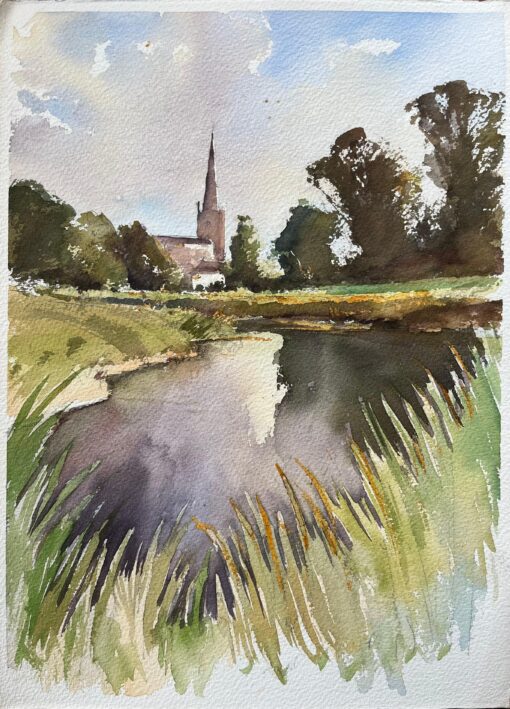 British Original Watercolor of Church by the Riverside