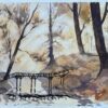 British Original Watercolor of a Woodland Scene with Footbridge