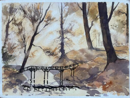 British Original Watercolor of a Woodland Scene with Footbridge