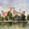 British Original Watercolor of a Castle with Swans on the River