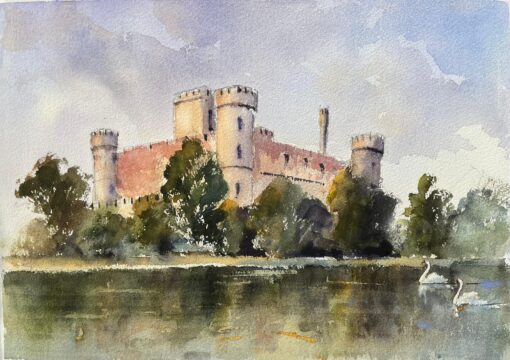 British Original Watercolor of a Castle with Swans on the River