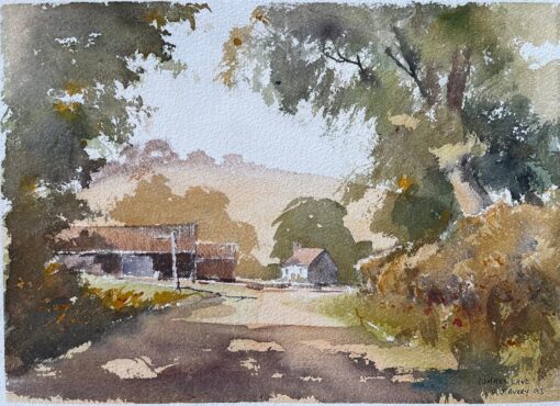 British Original Watercolor of a Country Lane in Summer Leading to Farm