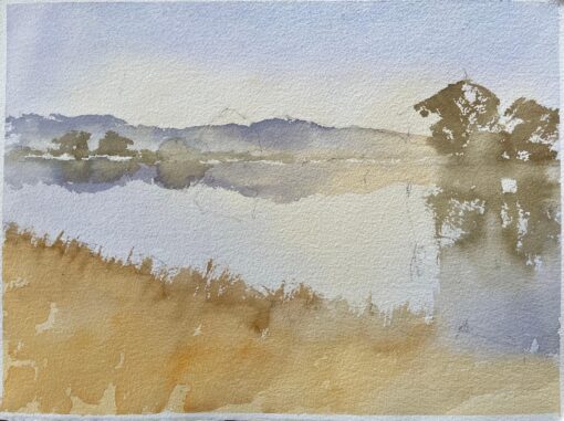 British Original Watercolor of a Misty Lakeside Landscape
