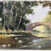 British Original Watercolor of a Stone Bridge Over a Tranquil River