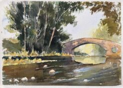 British Original Watercolor of a Stone Bridge Over a Tranquil River