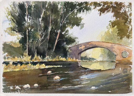 British Original Watercolor of a Stone Bridge Over a Tranquil River