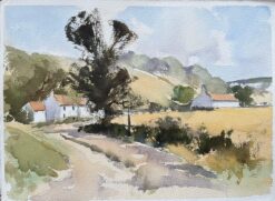 British Original Watercolor of a Rural Village Lane