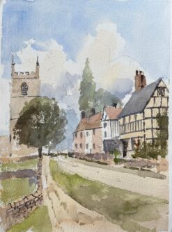 British Original Watercolor of a Church and Tudor Houses in a Village Setting