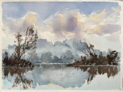 British Original Watercolor of a Misty River Landscape with Reflections