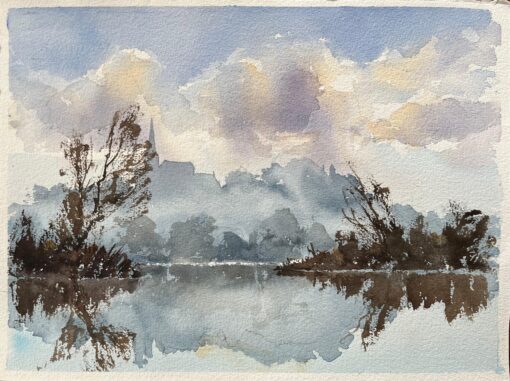 British Original Watercolor of a Misty River Landscape with Reflections