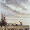 British Original Watercolor of a Windmill at Dusk