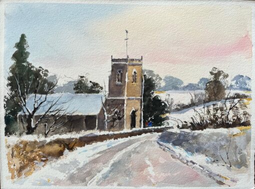 British Original Watercolor of a Snow-Covered Church and Countryside