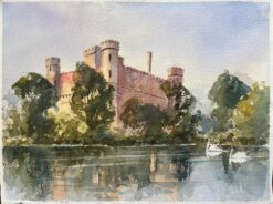 British Original Watercolor of a Castle and Swans on the River