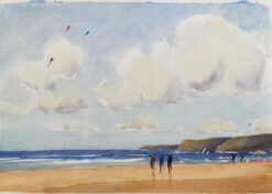 British Original Watercolor of a Beach Scene with Kite Flyers
