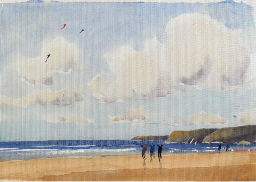 British Original Watercolor of a Beach Scene with Kite Flyers