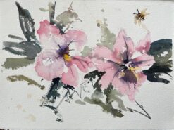 British Original Watercolor of Pink Blossoms with Bee