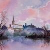 British Original Watercolor Pink and Purple Sunrise Over Church Town Reflection