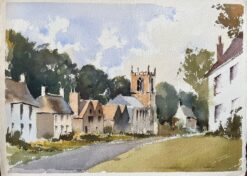 British Watercolor of a Quaint Village Scene with Church