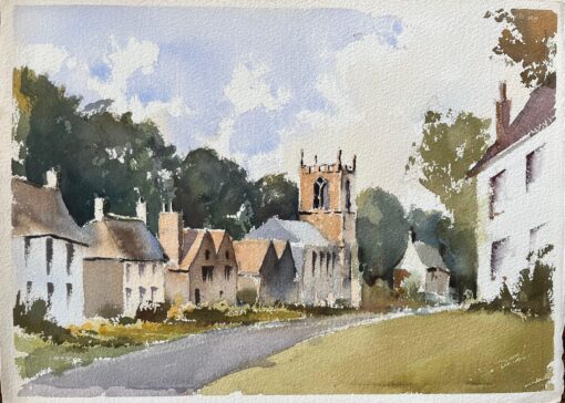 British Watercolor of a Quaint Village Scene with Church