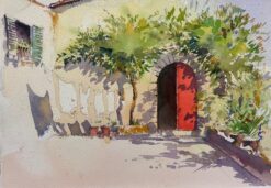 British Original Impressionist Watercolor Red Door In A Summer Courtyard