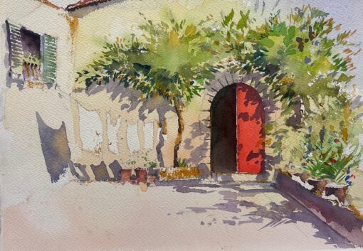 British Original Impressionist Watercolor Red Door In A Summer Courtyard