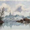British Watercolor of a Riverside Silhouette with Reflections and a Swan