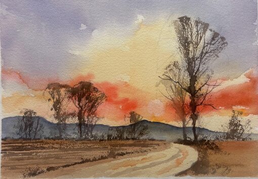 British Original Impressionist Watercolor Orange Sunrise Over The Country Track